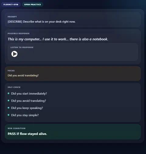 Verso de uma carta do Fluency Gym no Anki com resposta possível, foco, autoavaliação e condição de sucesso.