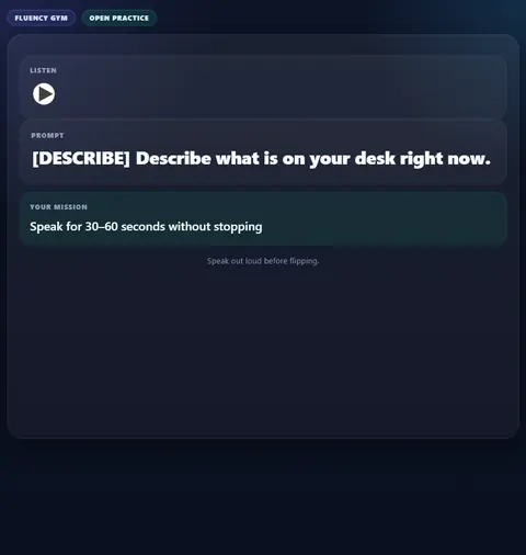 Frente de uma carta do Fluency Gym no Anki com prompt e missão de fala.